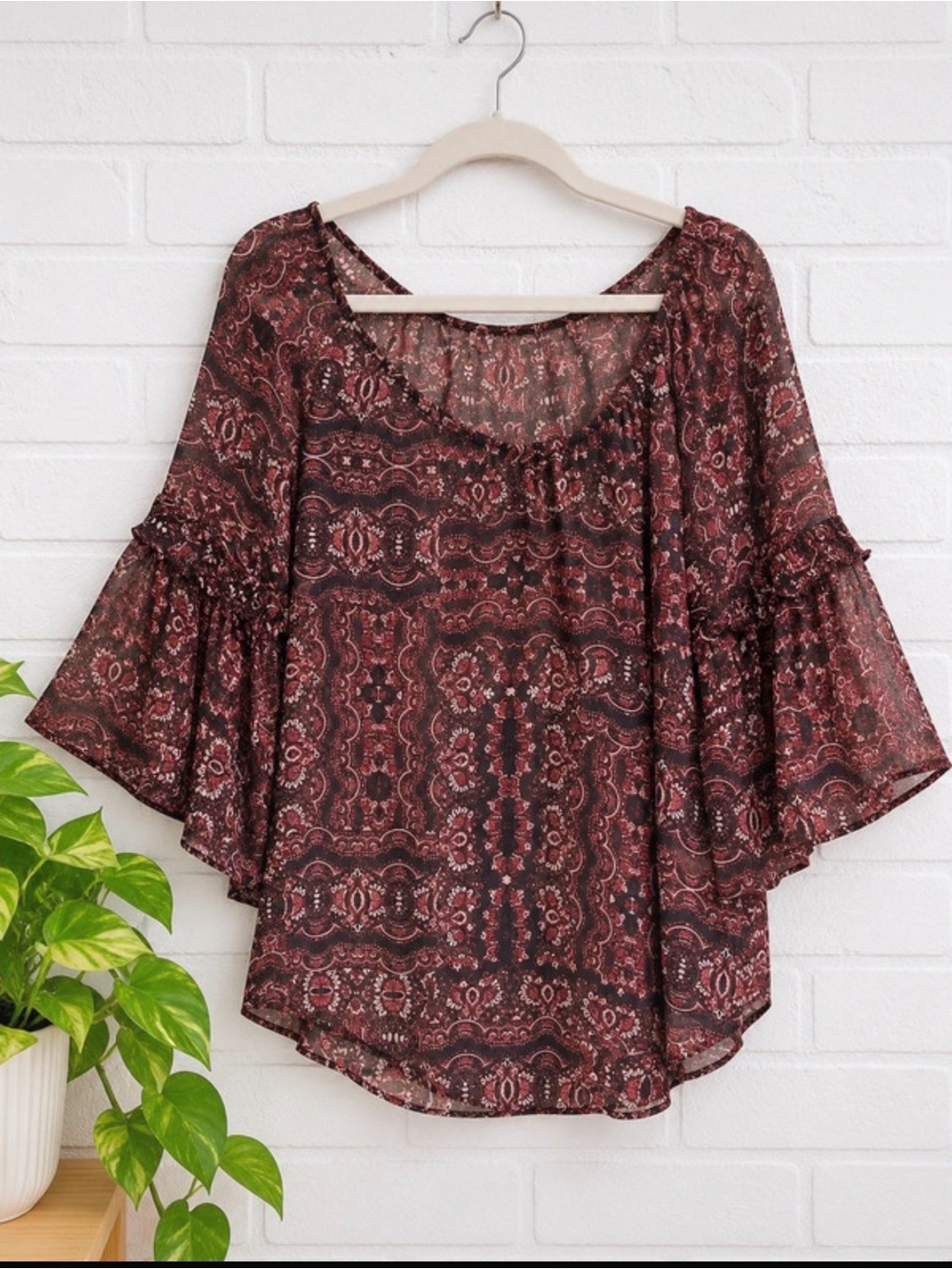 Sheer Paisley Bell Sleeve Blouse Boho Y2K Burgundy